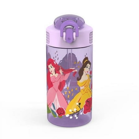 Zak Designs 16oz Princess Kids Straw Water Bottle, Durable Plastic Park Bottle with Easy-Open Locking Spout Cover for Travel, Built in Carry Handle