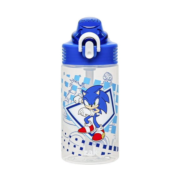Zak Designs 16oz Sonic the Hedgehog Water Bottle For School or Travel, Durable Plastic Water Bottle With Straw, Handle, and Leak-Proof, Pop-Up Spout Cover (Sonic, Eggman)