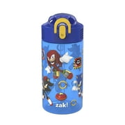 Zak Designs 16oz Sonic Kids Straw Water Bottle, Durable Plastic Park Bottle with Easy-Open Locking Spout Cover for Travel, Built in Carry Handle