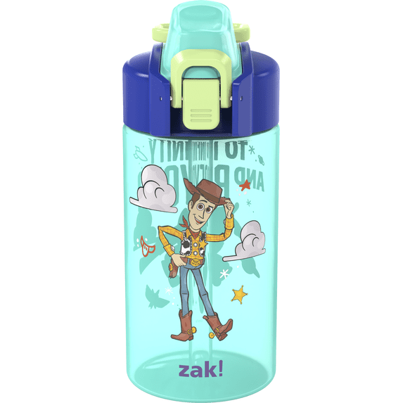 Zak Designs 16oz Toy Story Durable Plastic Jubilation Water Bottle with Folding Handle and Push Button, Locking Lid