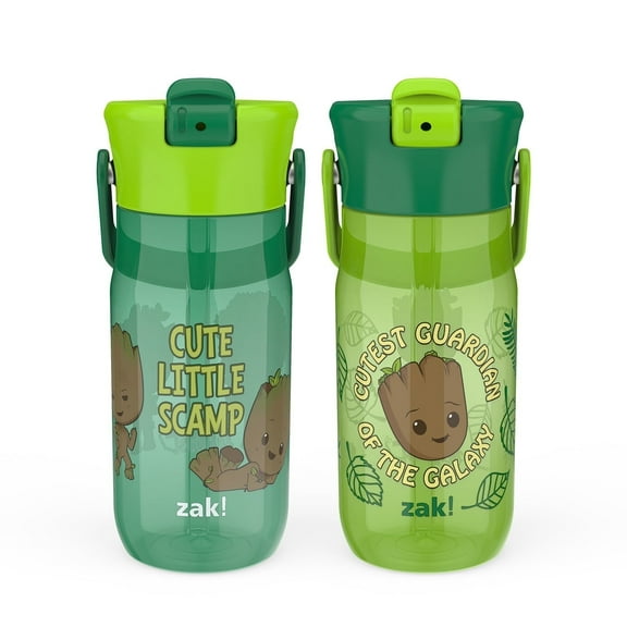 Zak Designs 18oz Harmony Marvel Groot Recycled Plastic Water Bottle for Travel or At Home, Leak-Proof When Closed with Straw Lid and Carry Handle, 2-Pack (Groot)