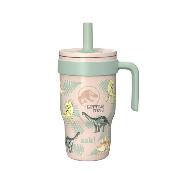Zak Designs 10oz Jurassic Kids Handle Tumbler, Stainless Steel Tumbler with Soft Silicone Straw, Leak-Proof, Easy to Hold