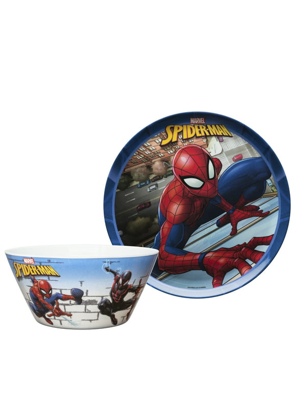 Zak Designs 2 pcs Marvel Kids Dinnerware Set Melamine Plate Bowl BPA Free Perfect for Kids Spider Man