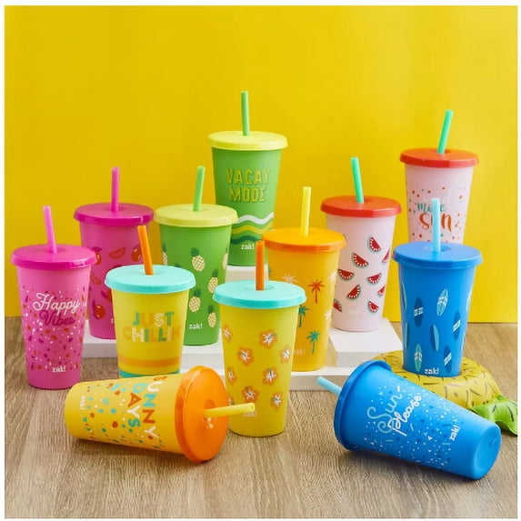 Zak Designs 25-oz. Color-Changing Tumbler 12-Pack Set Reusable Plastic with Splash-Proof Lids and Straws