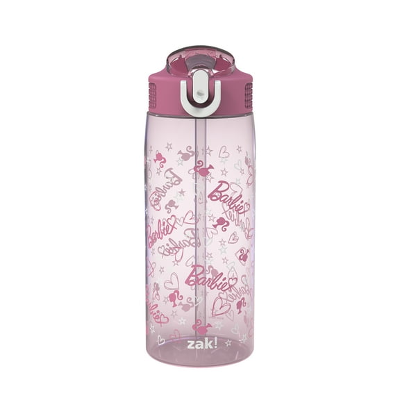 Zak Designs 25oz Barbie Kids Straw Water Bottle, Durable Plastic Park Bottle with Easy-Open Locking Spout Cover for Travel, Built in Carry Handle