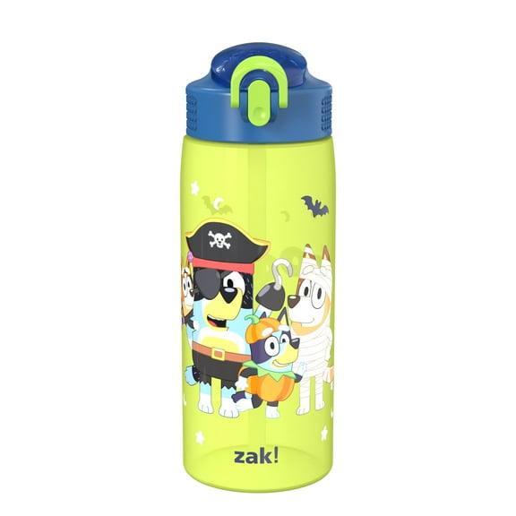 Zak Designs 25oz Bluey Halloween Green Kids Straw Water Bottle, Durable Plastic Park Bottle with Easy-Open Locking Spout Cover for Travel, Built in Carry Handle