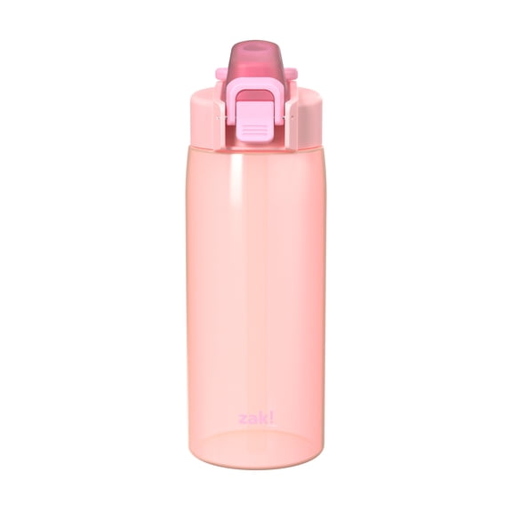 Zak Designs 25oz Durable Plastic Jubilation Water Bottle with Push Button Locking Lid and Built-in Carry Handle, Pink