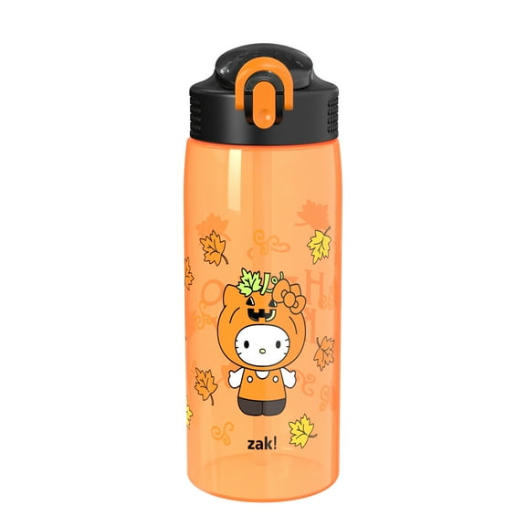 Zak Designs 25oz Hello Kitty Halloween Orange Kids Straw Water Bottle, Durable Plastic Park Bottle with Easy-Open Locking Spout Cover for Travel, Built in Carry Handle