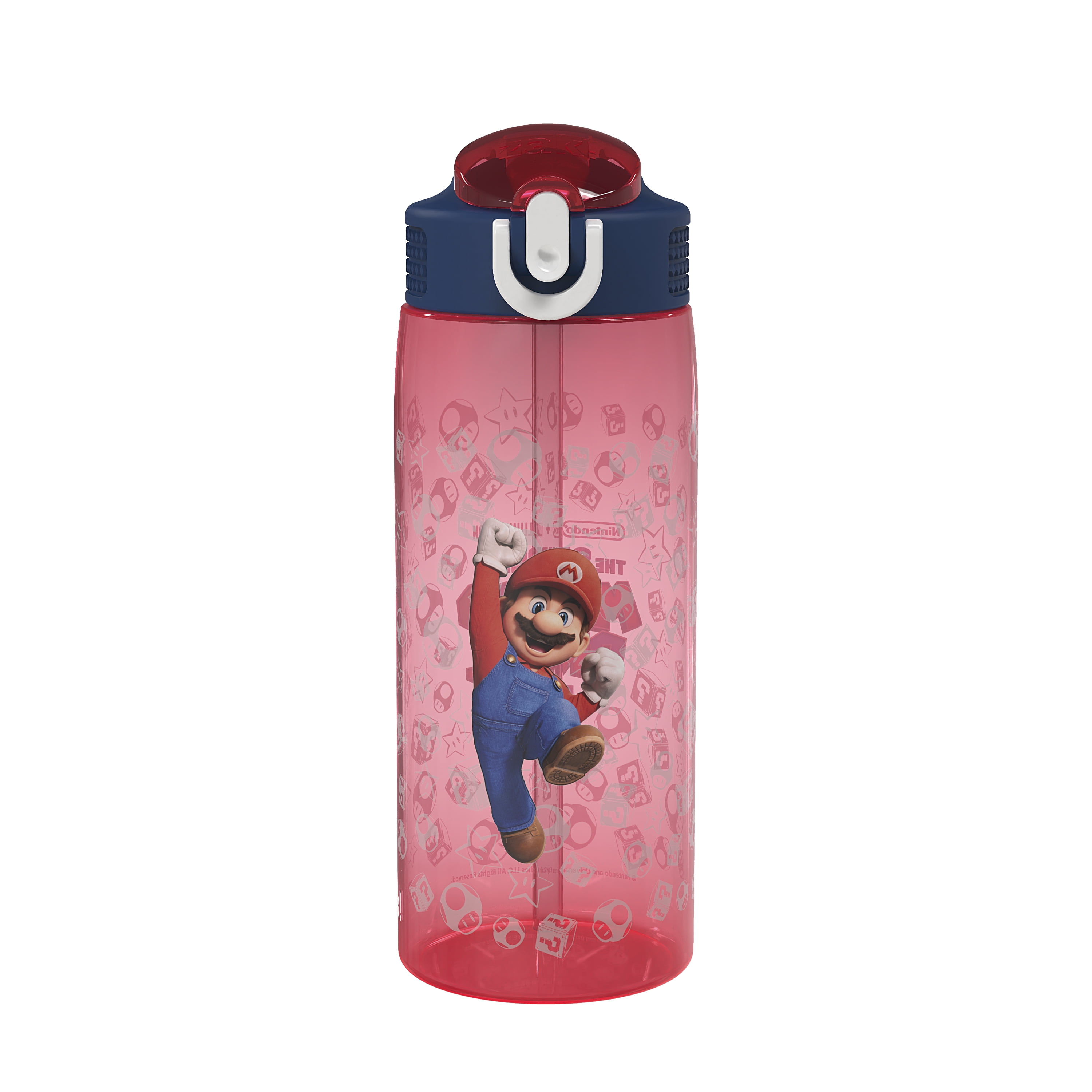 Zak Designs 25oz Mario Kids Straw Water Bottle, Durable Plastic Park Bottle with Easy-Open Locking Spout Cover for Travel, Built in Carry Handle