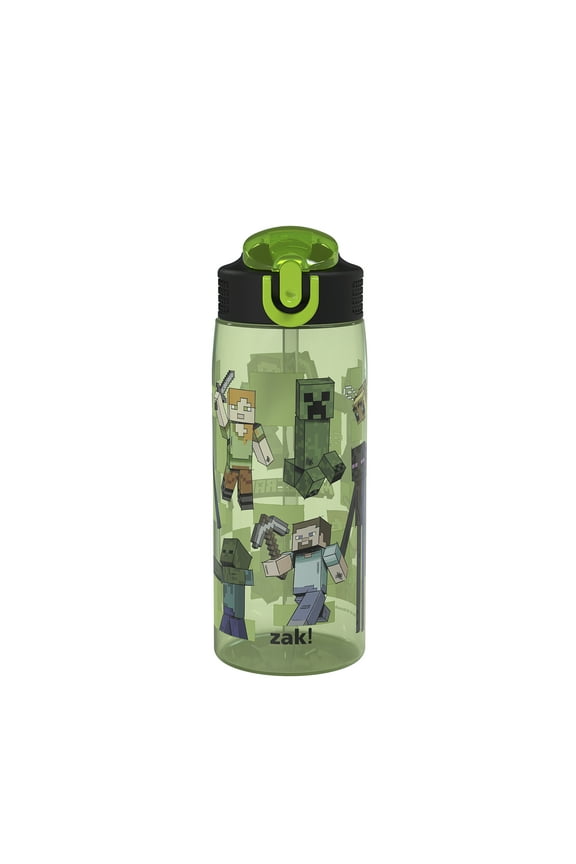 25oz Minecraft Durable Plastic Park Water Bottle with Straw, Easy Open Locking Spout Cover for Travel, and Built In Carry Handle