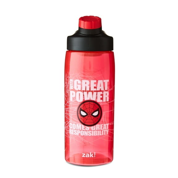 Zak Designs 25oz Spiderman Durable Plastic Sloan Kids Water Bottle with Built-in Carry Handle and Straw with Straw Cover when Folded Closed
