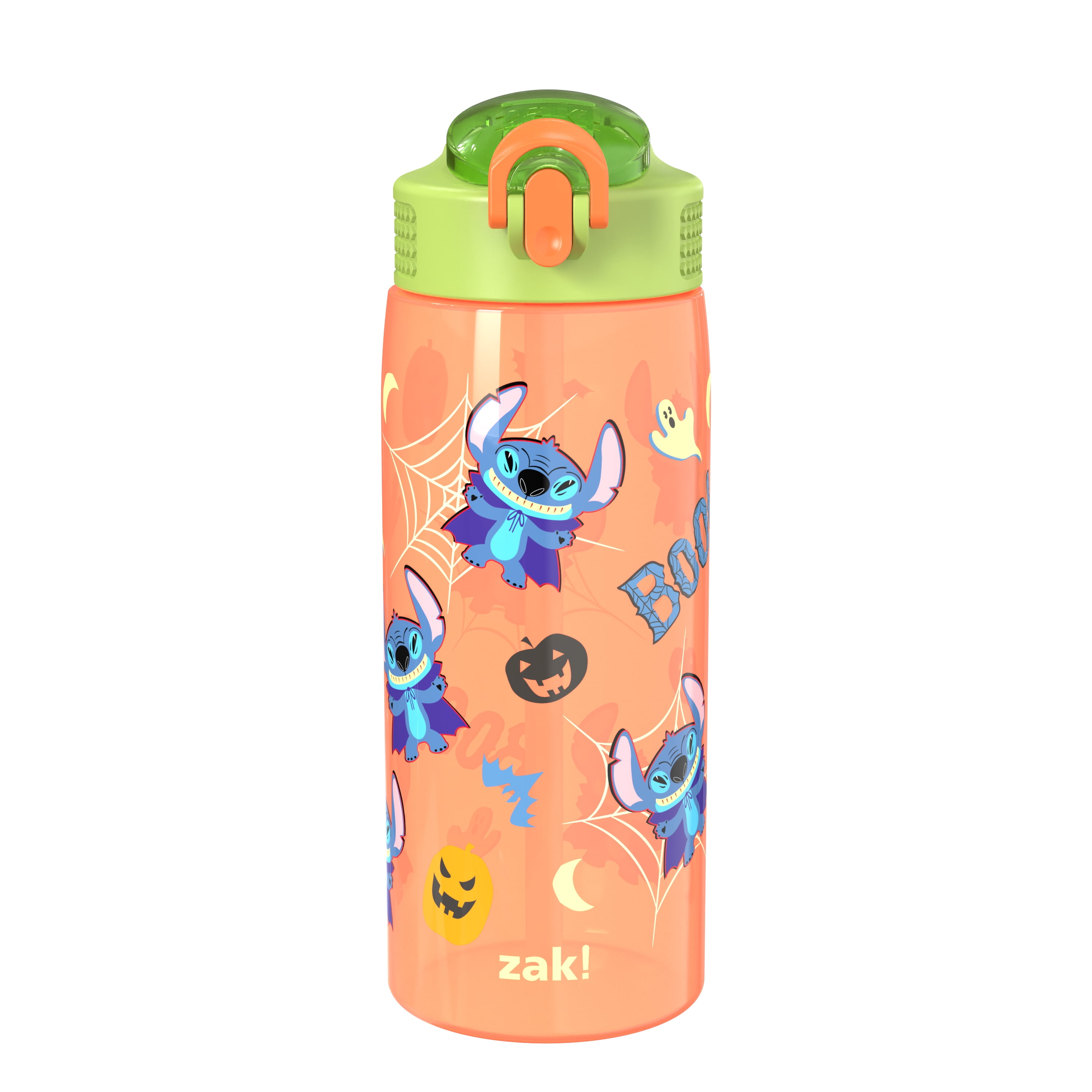 Zak Designs 25oz Stitch Halloween Orange Kids Straw Water Bottle, Durable Plastic Park Bottle with Easy-Open Locking Spout Cover for Travel, Built in Carry Handle