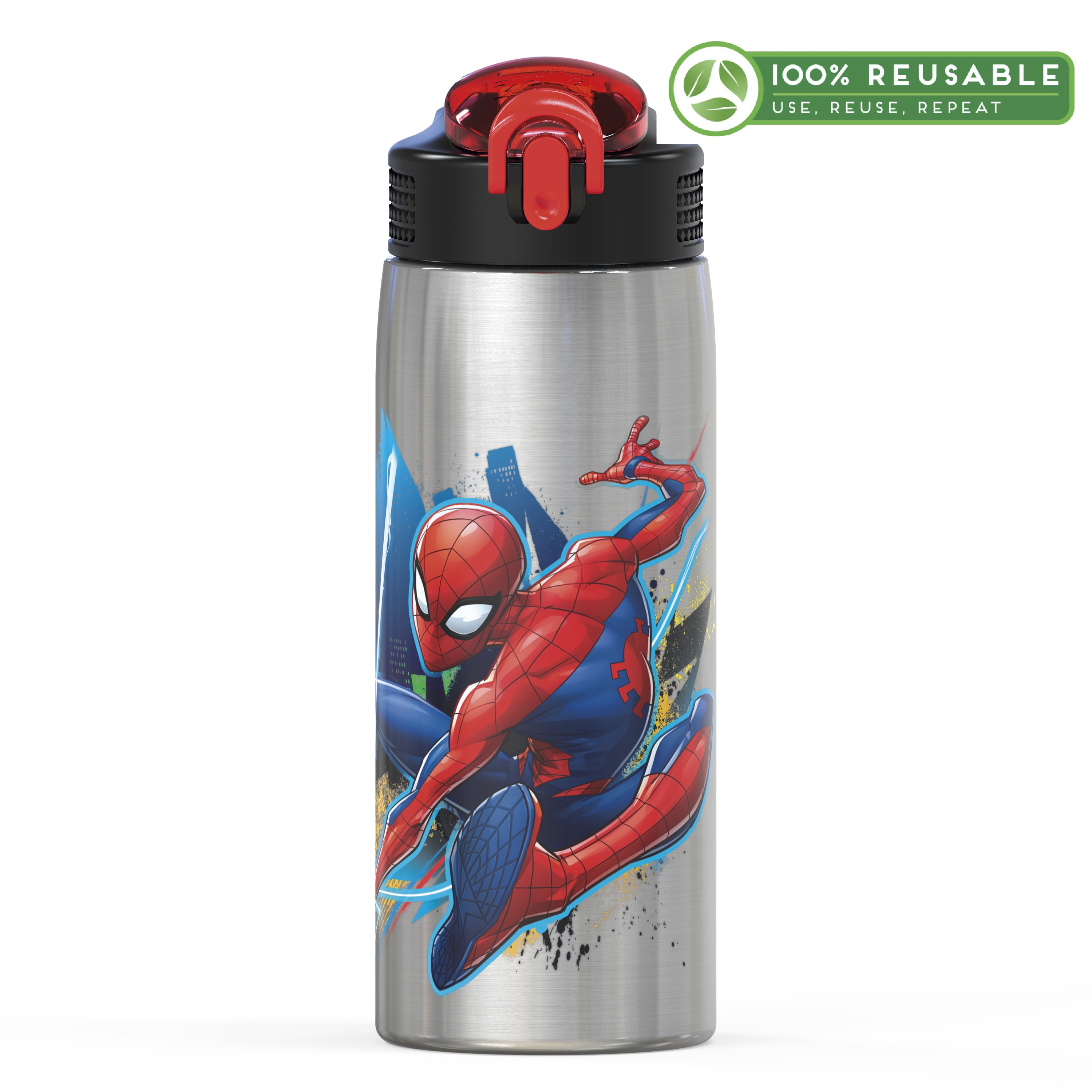 Zak Designs 27 oz. Marvel Stainless Steel Water Bottle with Flip-up Straw  Spout, Spider Man 