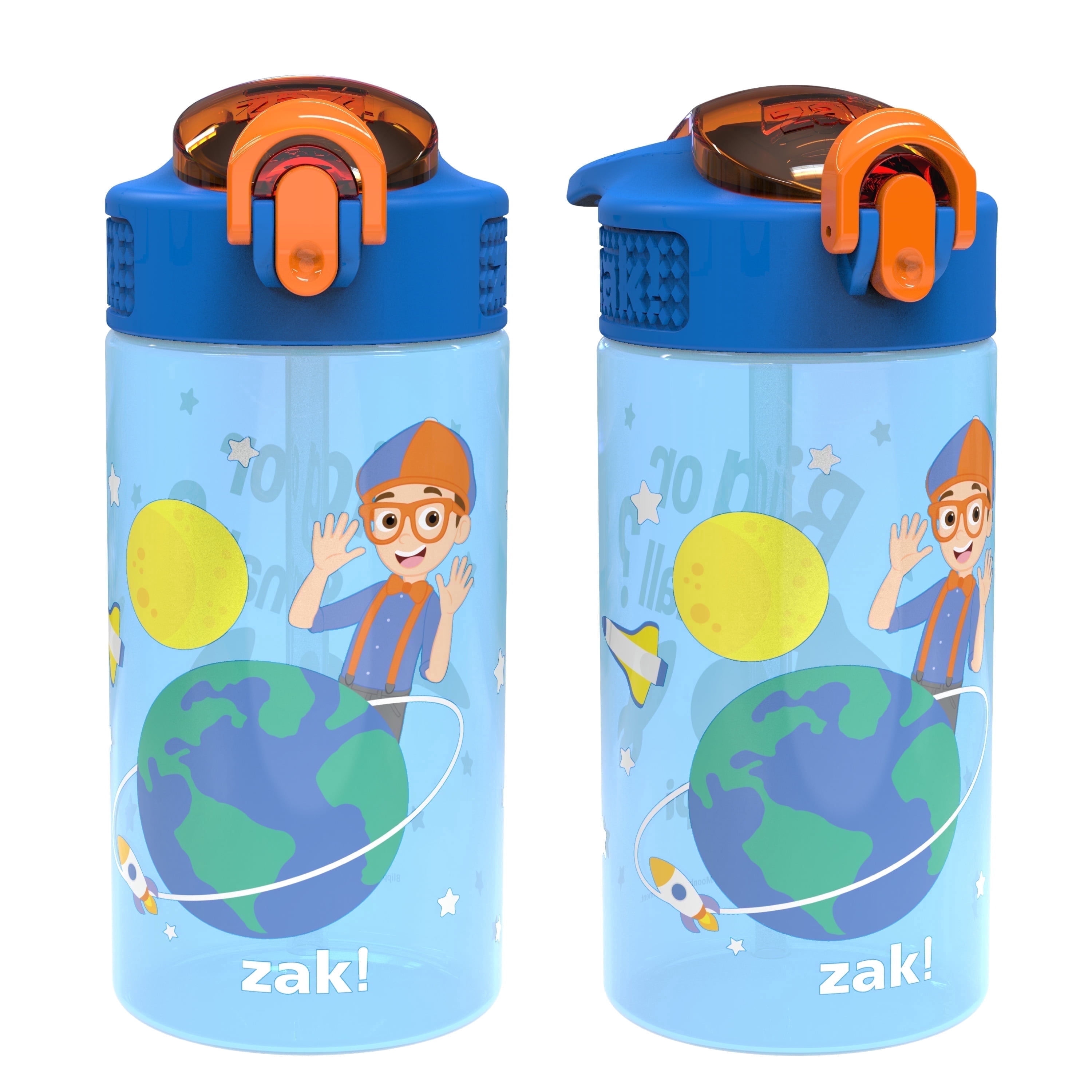 Zak Designs 2pc 16 oz Blippi Kids Water Bottle Plastic with Easy-Open Locking Spout Cover for Travel, Blippi
