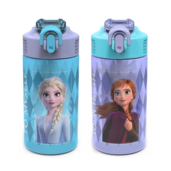 Zak Designs 2pc 16 oz Disney Frozen 2 Movie Kids Water Bottle Plastic with Easy-Open Locking Spout Cover for Travel, Anna and Elsa
