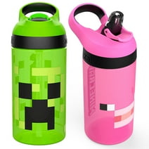 Zak Designs 2pc 16 oz Kids Water Bottle Plastic with Flip Straw Carry Handle, Minecraft Creeper & Pig