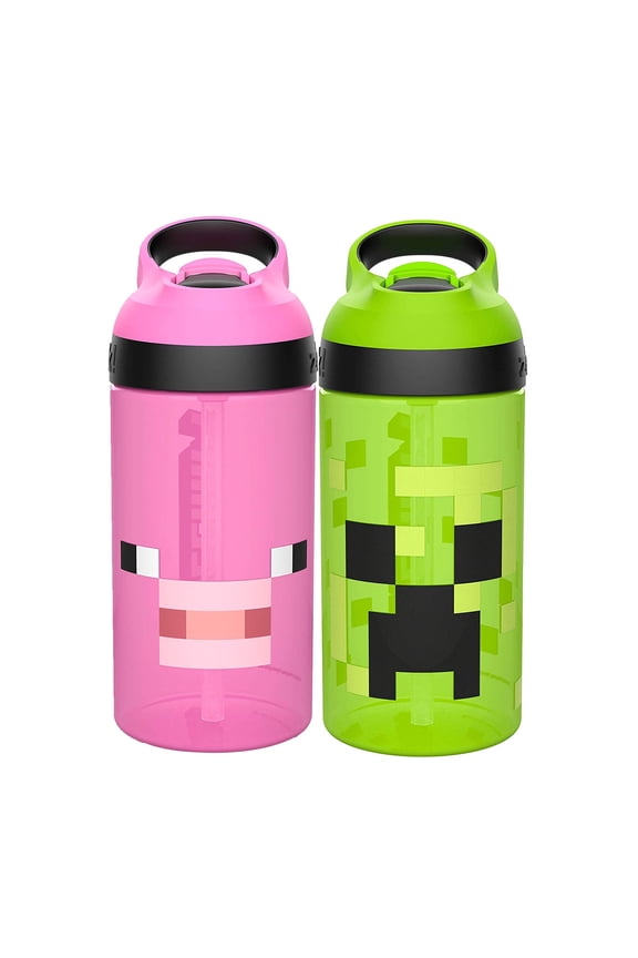 2pc 16 oz Kids Water Bottle Plastic with Flip Straw Carry Handle, Minecraft Creeper & Pig