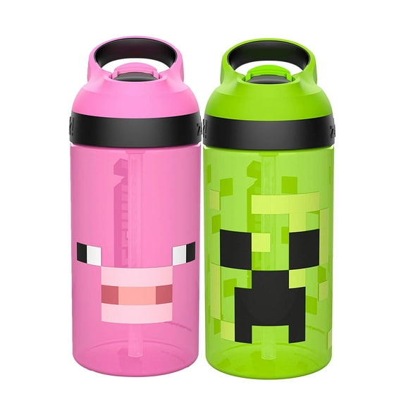 Zak Designs 2pc 16 oz Kids Water Bottle Plastic with Flip Straw Carry Handle, Minecraft Creeper & Pig