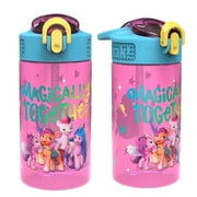 Zak Designs 2pc 16 oz My Little Pony Kids Water Bottle Plastic with Push-Button Spout and Easy-Open Locking Cover for Travel, My Little Pony