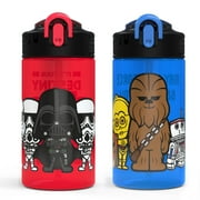 Zak Designs 2pc 16 oz Star Wars Kids Water Bottle Plastic Easy-Open Locking Spout Cover for Travel, Star Wars Darth Vader Chewbacca