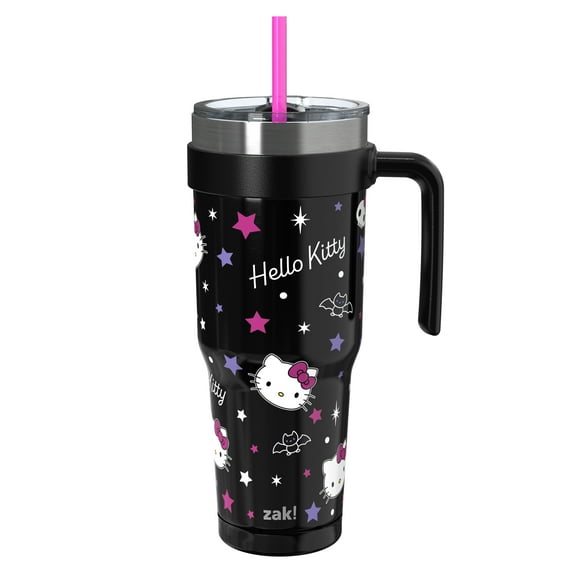 Zak Designs 40oz Hello Kitty Halloween Straw Handle Tumbler, Double Wall Vacuum Insulated Stainless Steel Waverly Tumbler with Durable Plastic Straw, Travel Straw Tumbler with Handle, Black