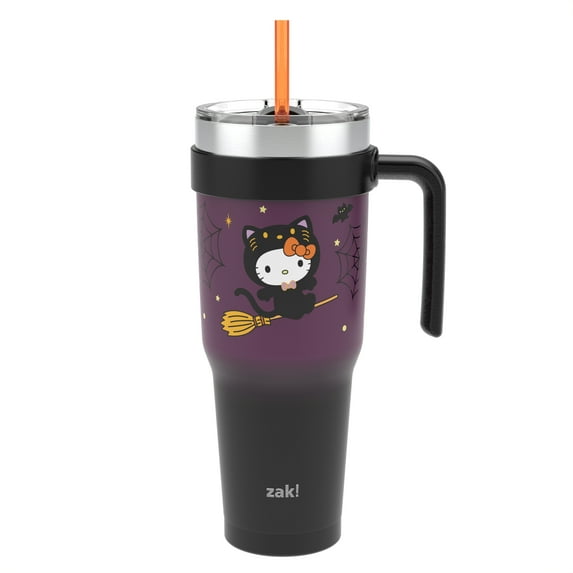 Zak Designs 40oz Hello Kitty Straw Handle Tumbler, Stainless Steel Vacuum Insulated Waverly Tumbler Featuring a Sliding Lid