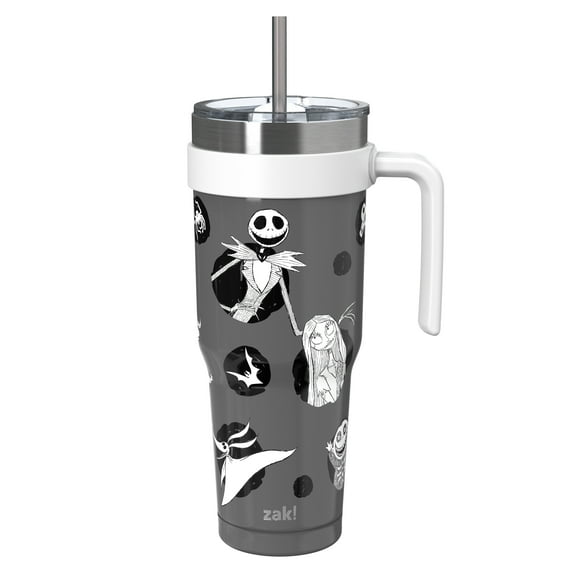 Zak Designs 40oz NBC Halloween Straw Handle Tumbler, Double Wall Vacuum Insulated Stainless Steel Waverly Tumbler with Durable Plastic Straw, Travel Straw Tumbler with Handle, Gray