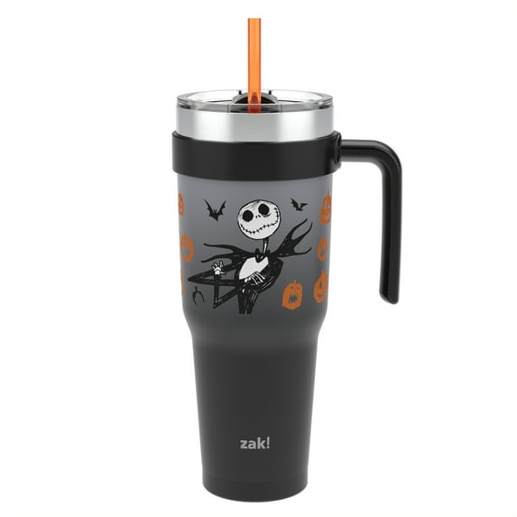 Zak Designs 40oz Nightmare Before Christmas Straw Handle Tumbler, Stainless Steel Vacuum Insulated Waverly Tumbler Featuring a Sliding Lid