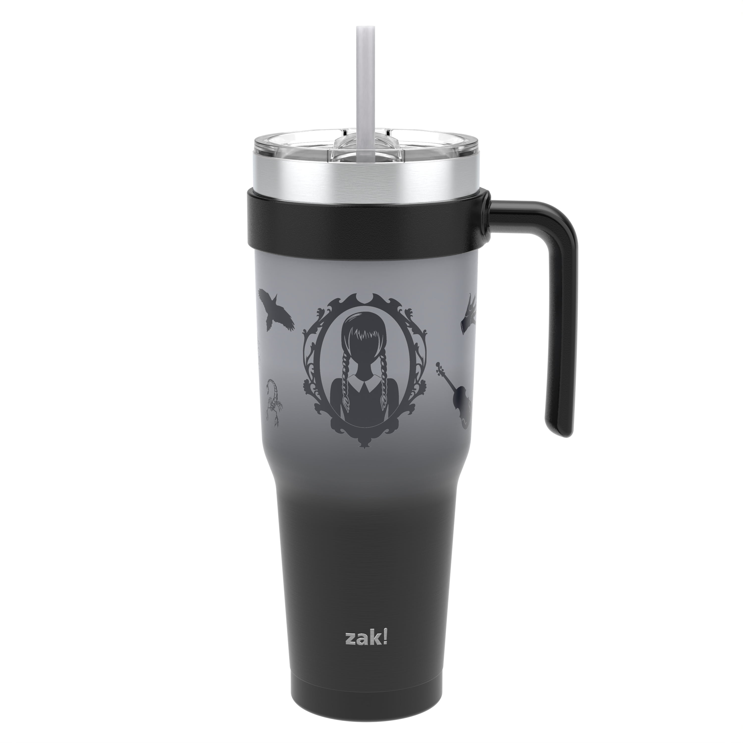 Zak Designs 40oz Wednesday Straw Handle Tumbler, Stainless Steel Vacuum Insulated Waverly Tumbler Featuring a Sliding Lid