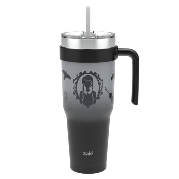 Zak Designs 40oz Wednesday Straw Handle Tumbler, Stainless Steel Vacuum Insulated Waverly Tumbler Featuring a Sliding Lid
