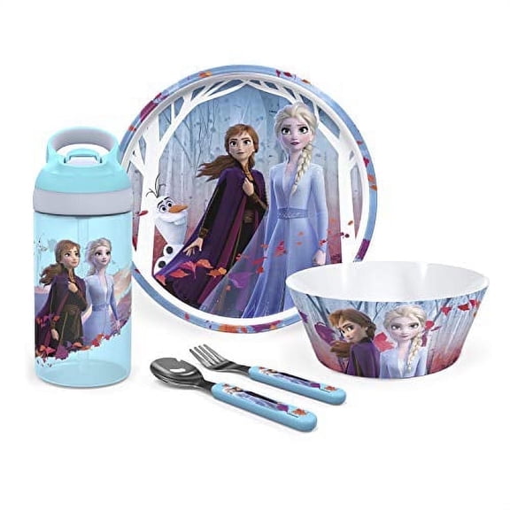 Zak Designs 5pcs Disney Frozen Kids Dinnerware Set Includes Plate, Bowl, Water Bottle, and Utensil Tableware, Non-BPA, Made of Durable Material and Perfect for Kids, Elsa, Olaf and Anna