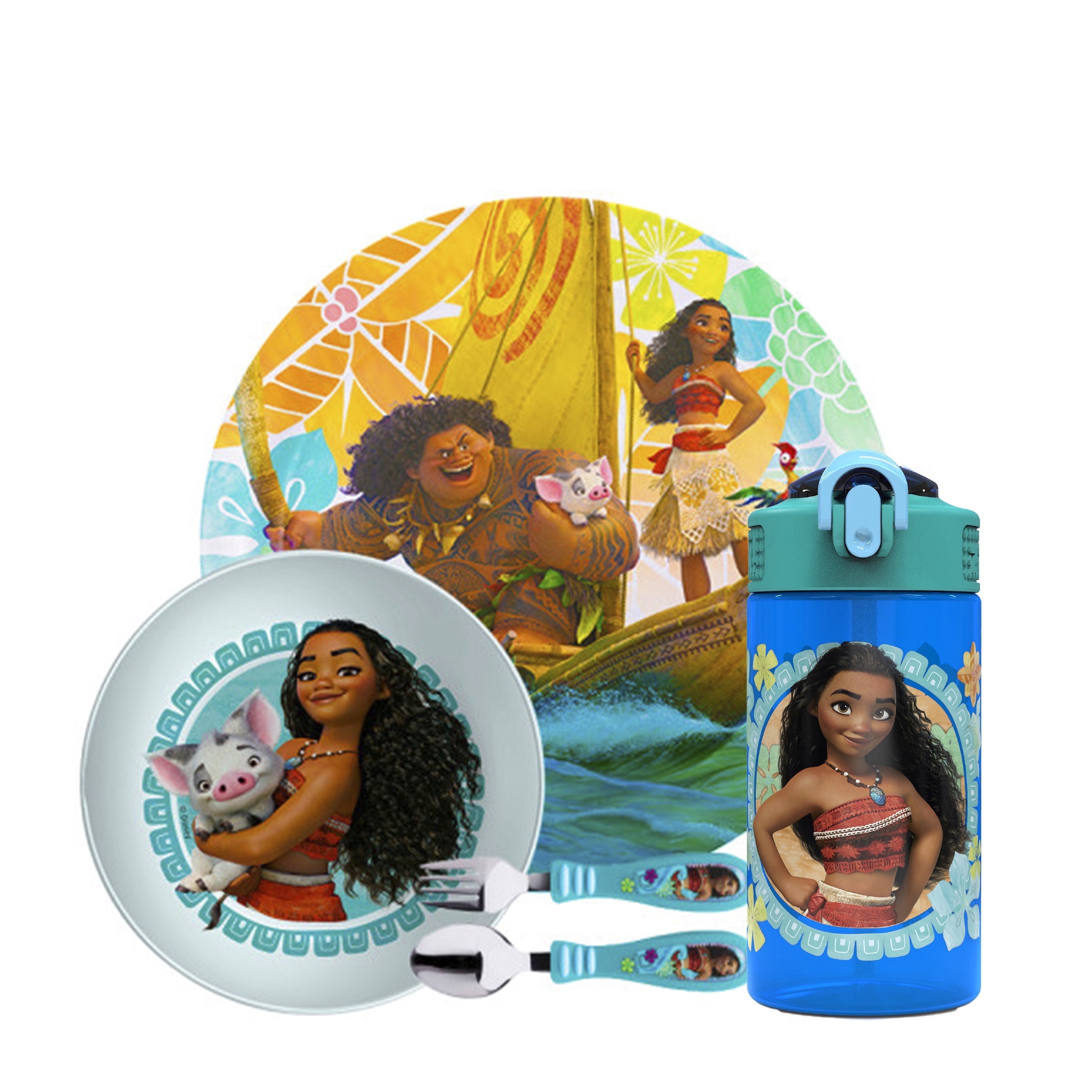 Zak Designs 5pcs Moana Kids Dinnerware Set Includes Plate Bowl Water Bottle and Utensil Tableware Non BPA Made of Durable Material and Perfect