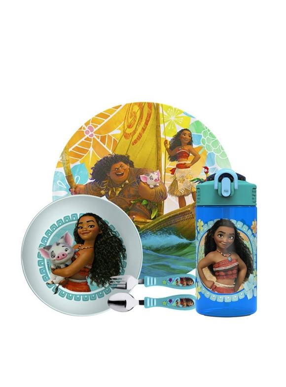 Zak Designs 5pcs Moana Kids Dinnerware Set Includes Plate, Bowl, Water Bottle, and Utensil Tableware, Non-BPA, Made of Durable Material and Perfect for Kids, Moana and Maui