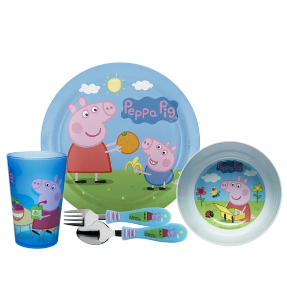 Zak Designs 5pcs Peppa Pigs Kids Dinnerware Set Includes Plate, Bowl, Tumbler and Utensil Tableware, Made of Durable Material, Non-BPA, Peppa and Friends