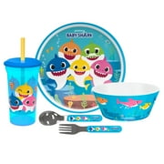 Zak Designs Baby Shark Kids Dinnerware 5 Pieces Set Includes Plate, Bowl, Straw Tumbler, and Utensil Tableware, Non-BPA, Made of Durable Material and Perfect for Kids (Baby Shark)