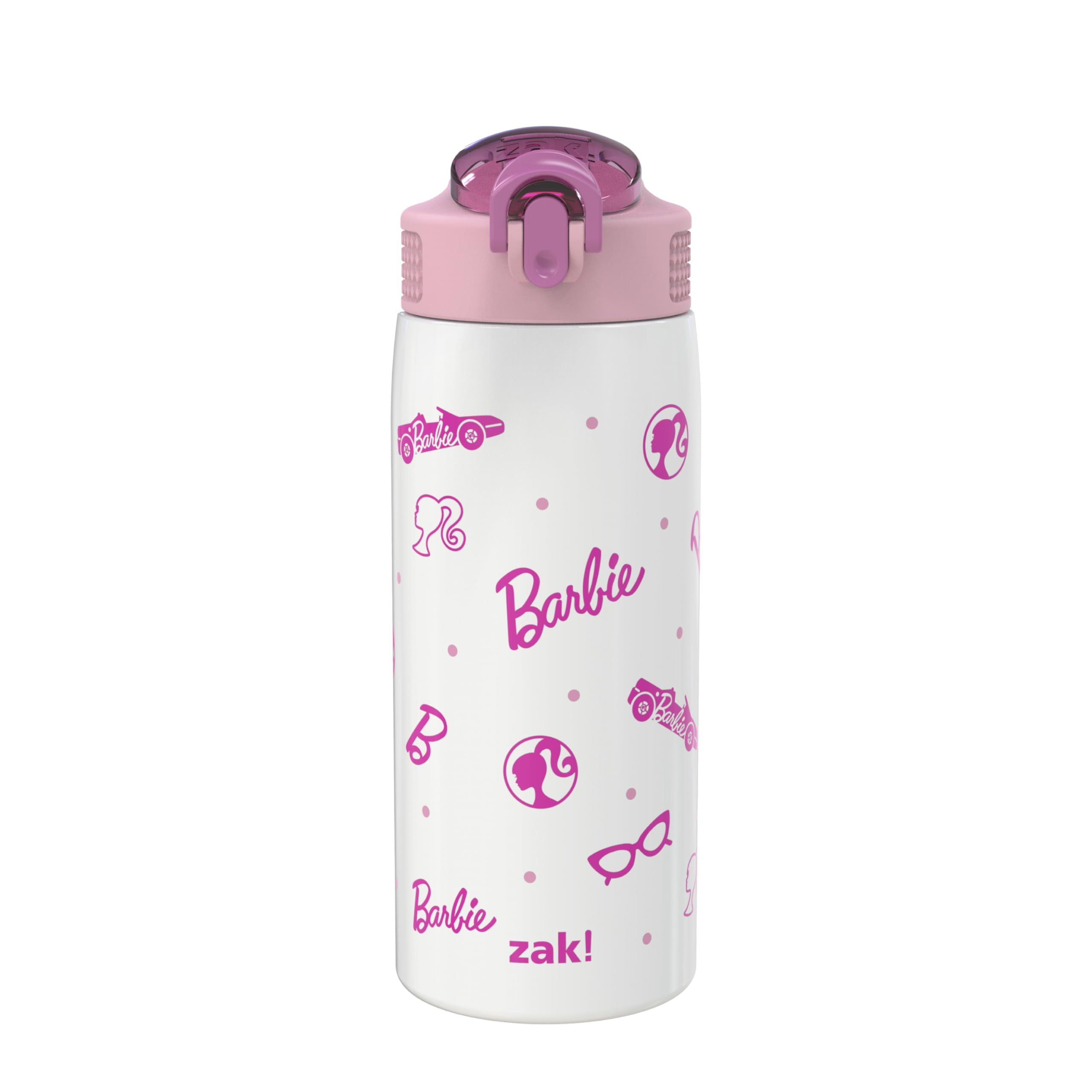Zak Designs Barbie Water Bottle for Travel and At Home 19 oz Vacuum Insulated Stainless Steel with Locking Spout Cover Built In Carrying Loop