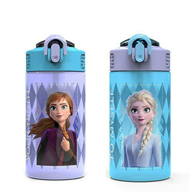 Zak Designs Disney Frozen 2 Kids Water Bottle Set with Reusable Straws and Built in Carrying Loops Made of Plastic Leak Proof Water Bottle Designs Elsa Anna 16 oz BPA Free 2pc Set