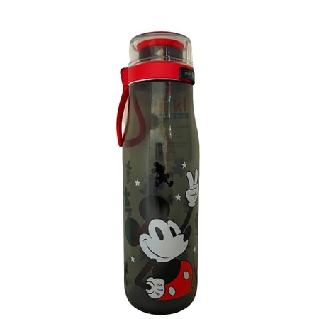 Zak Designs Disney Mickey Mouse Plastic Water Bottle with Push Button Action and Locking Lid, Includes Portable Carry Loop, Leak-Proof Design is Perfect for Outdoor Sports (25oz, BPA-Free)