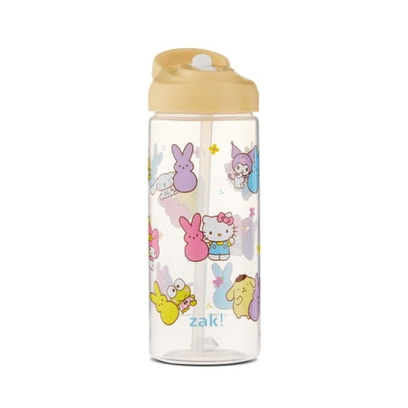 Zak Designs Hello Kitty Peeps Clear 16oz PP Kids Murphy Bottle with Built In Carry Handle and Flip Up Straw