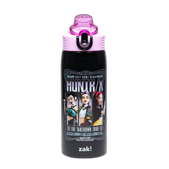 Zak Designs KPop Demon Hunters Sage Kids Water Bottle For School or Travel, 19oz Stainless Steel Water Bottle With Straw and Leak-Proof, Pop-Up Spout Cover, BPA Free (Huntrix Takedown Tour)