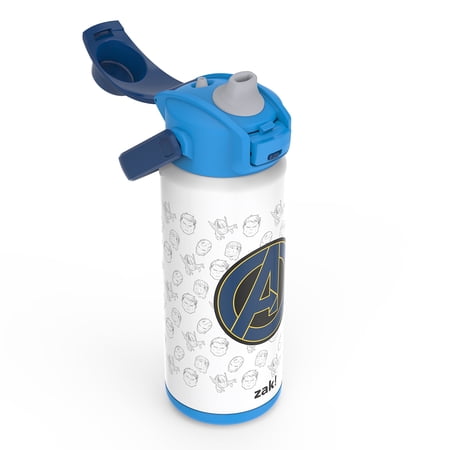 Zak Designs 20oz Kids Straw Water Bottle, Stainless Steel Vacuum Insulated Liberty Bottle with Easy-Open Locking Spout Cover for Travel, Built in Carry Handle, Avengers