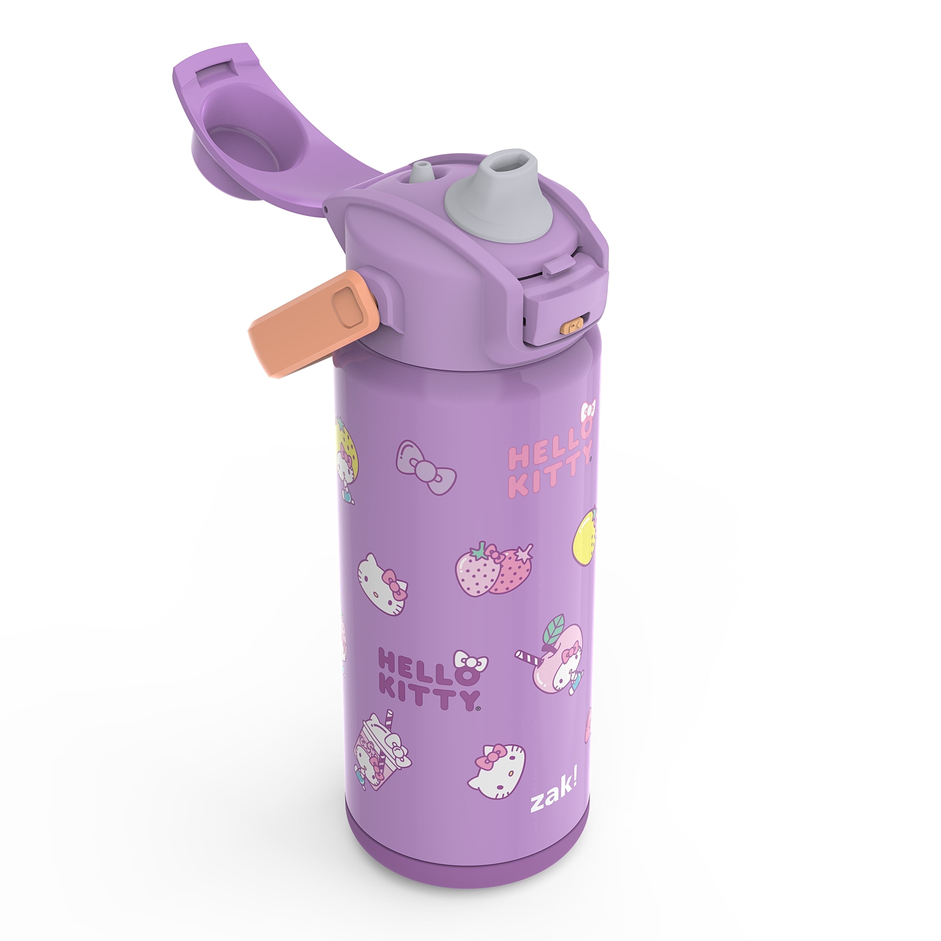 Zak Designs 20oz Kids Straw Water Bottle, Stainless Steel Vacuum Insulated Liberty Bottle with Easy-Open Locking Spout Cover for Travel, Built in Carry Handle, Hello Kitty