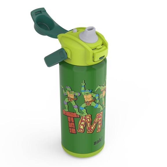 Zak Designs 20oz Kids Straw Water Bottle, Stainless Steel Vacuum Insulated Liberty Bottle with Easy-Open Locking Spout Cover for Travel, Built in Carry Handle, Ninja Turtles