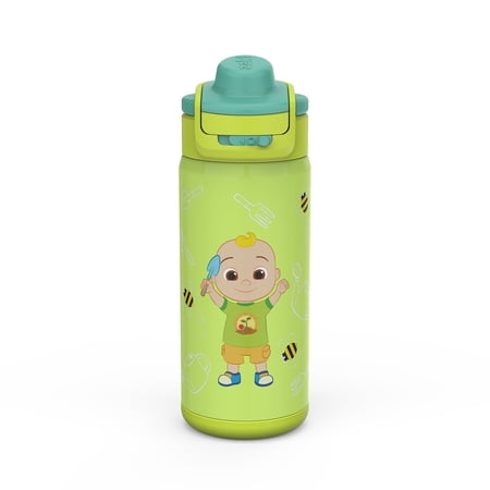 Zak Designs 14oz Kids Straw Water Bottle, Stainless Steel Double Wall Insulated Lincoln Bottle with Easy-Open Locking Spout Cover for Travel, Built in Carry Handle, CoComelon