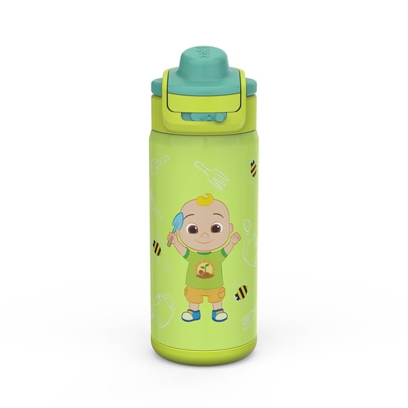 Zak Designs 14oz Kids Straw Water Bottle, Stainless Steel Double Wall Insulated Lincoln Bottle with Easy-Open Locking Spout Cover for Travel, Built in Carry Handle, CoComelon