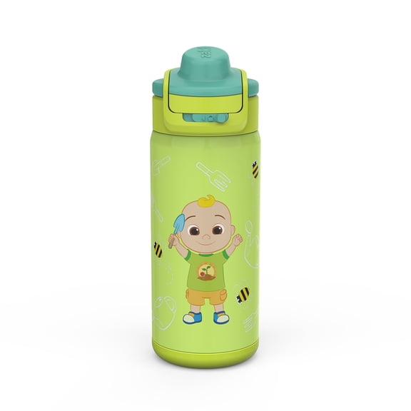 Zak Designs 14oz Kids Straw Water Bottle, Stainless Steel Double Wall Insulated Lincoln Bottle with Easy-Open Locking Spout Cover for Travel, Built in Carry Handle, CoComelon