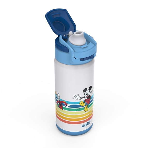 Zak Designs 14oz Kids Straw Water Bottle, Stainless Steel Double Wall Insulated Lincoln Bottle with Easy-Open Locking Spout Cover for Travel, Built in Carry Handle, Mickey Mouse