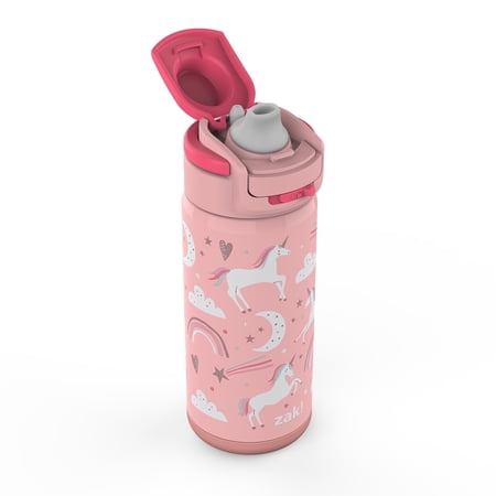 Zak Designs 14oz Kids Straw Water Bottle, Stainless Steel Double Wall Insulated Lincoln Bottle with Easy-Open Locking Spout Cover for Travel, Built in Carry Handle, Unicorns