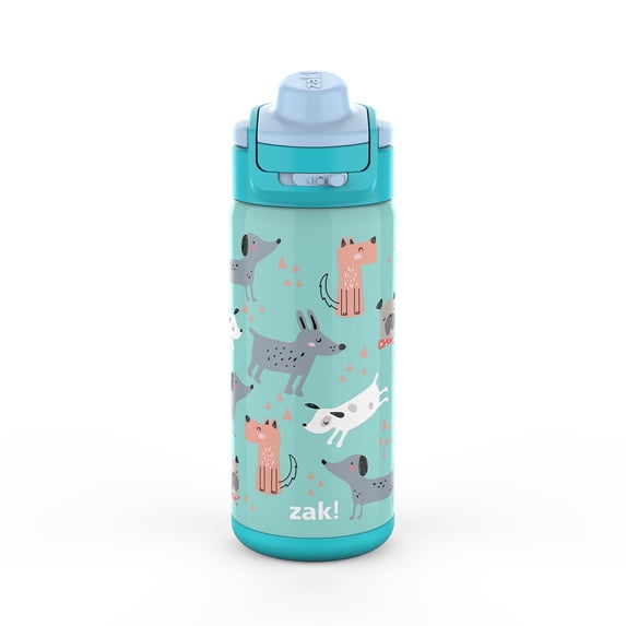 Zak Designs 14oz Kids Straw Water Bottle, Stainless Steel Double Wall Insulated Lincoln Bottle with Easy-Open Locking Spout Cover for Travel, Built in Carry Handle, Dog