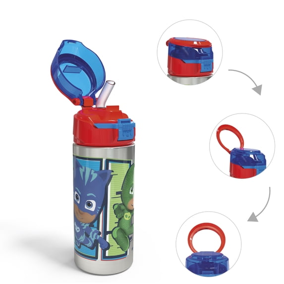 Zak Designs PJ Masks 19.5 ounce Stainless Steel Water Bottle with Straw, Catboy, Owlette & Gekko